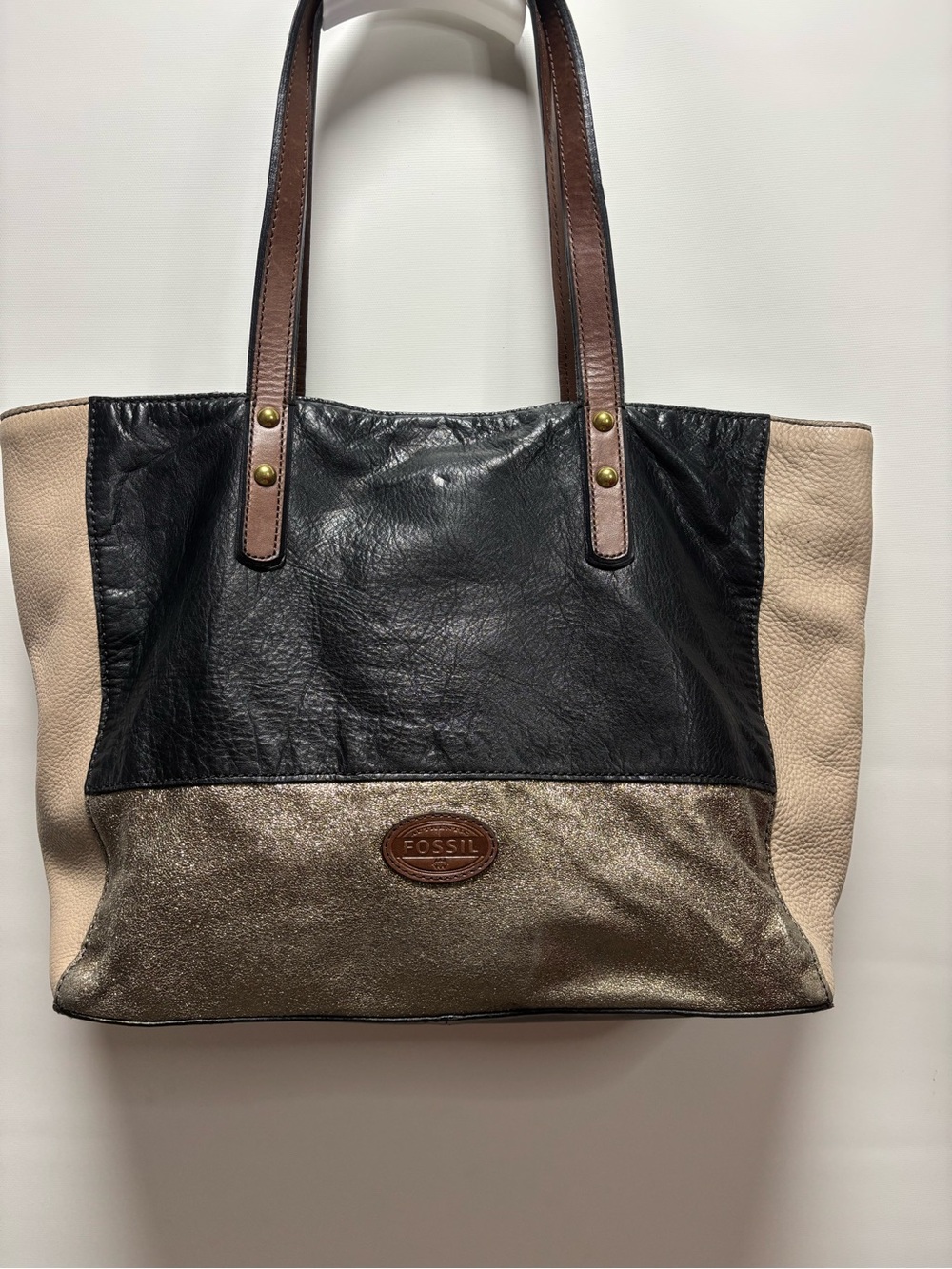 Fossil Black, Cream & Metallic Gold Colorblock Leather Tote
